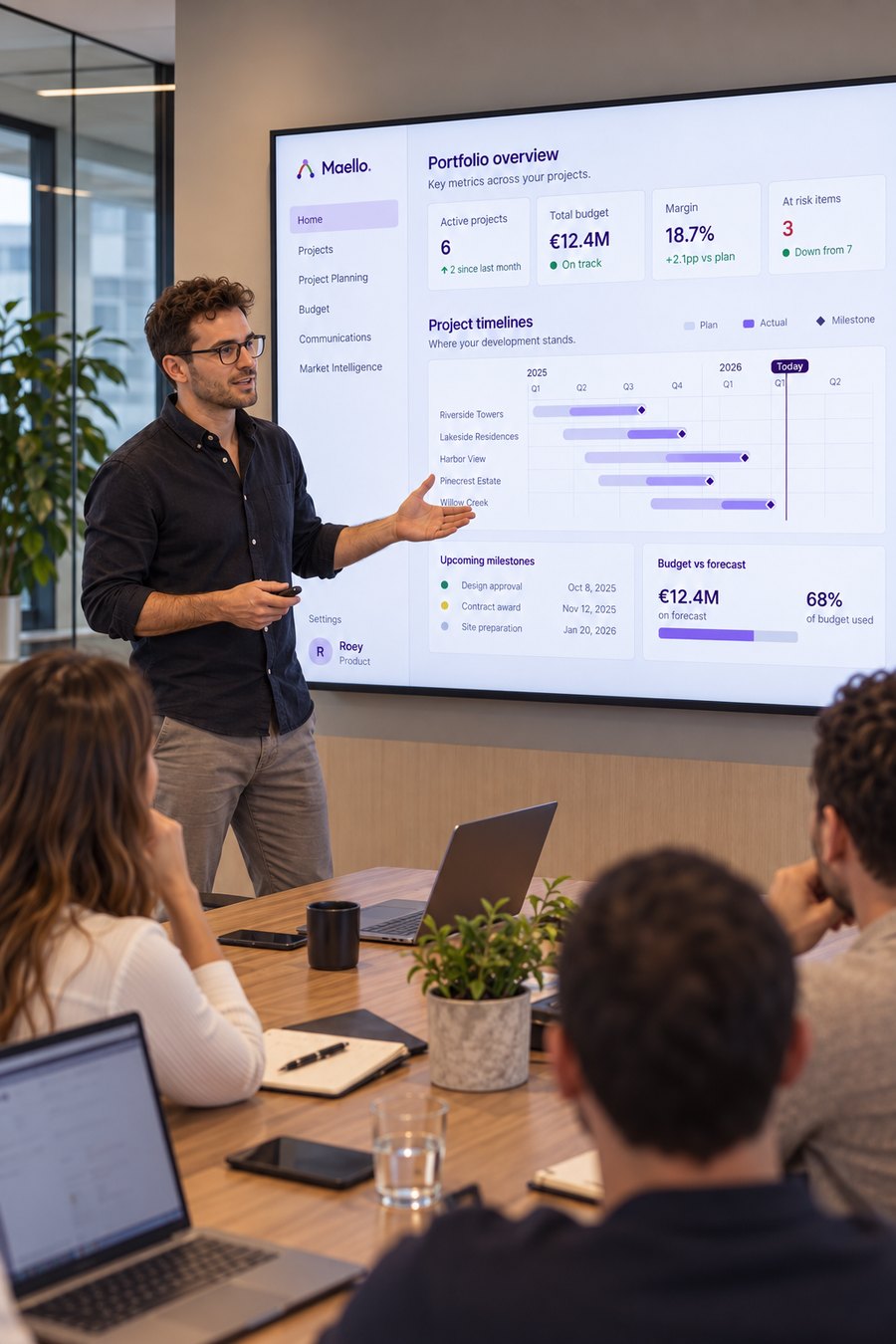 A project manager presenting the Maello portfolio overview to the team.